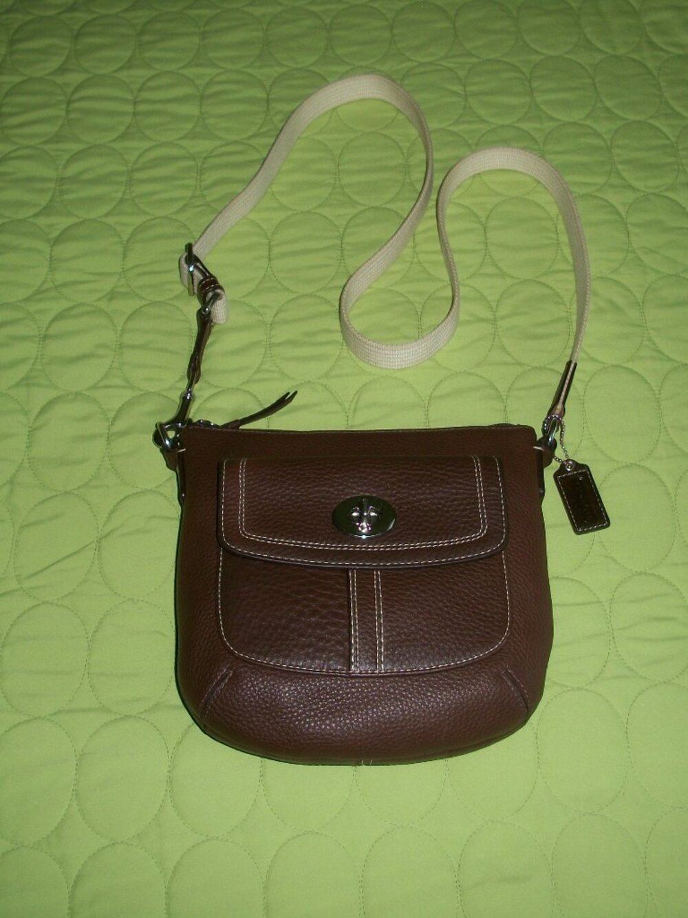 Coach Brown Pebbled Leather Silver Turn Lock Pocket Crossbody Bag